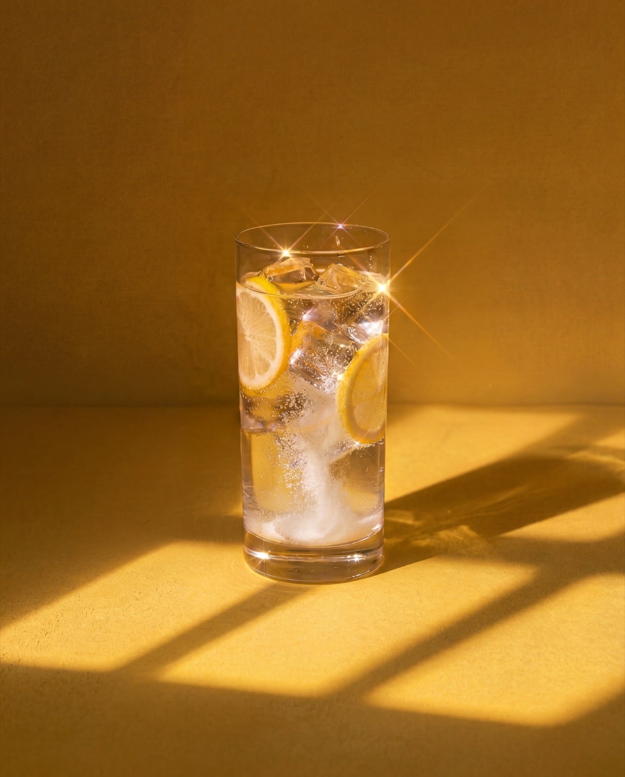 Sparkling lemon water in warm sunlight