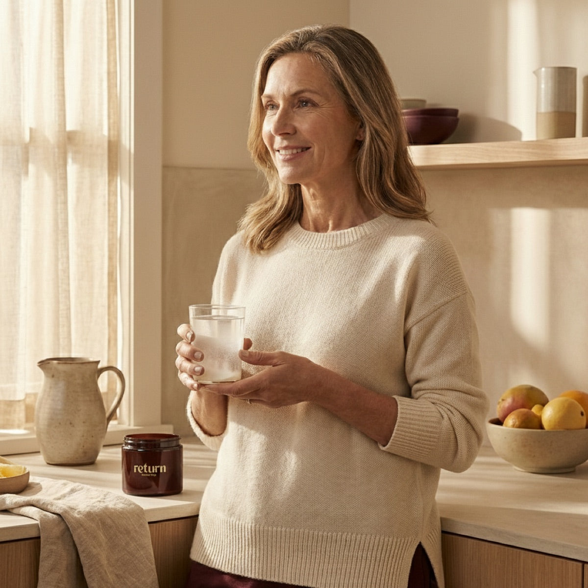 Woman holding a glass of Lemon Drop in a sunlit kitchen