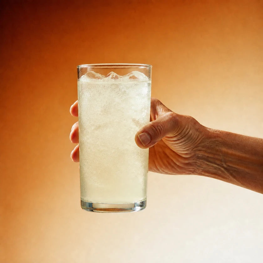 A woman holding a chilled glass of pale Lemon Drop with ice