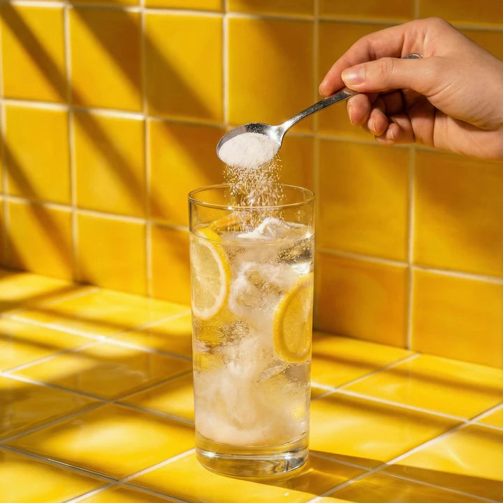 Lemon Drop electrolyte powder being poured into a cold glass of lemon water